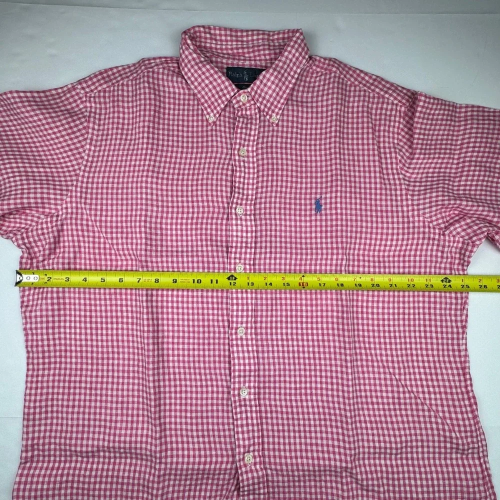 Ralph Lauren Shirt XL Linen Pink Gingham Preppy Short Sleeve Classic Fit Button